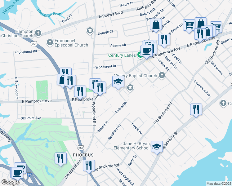 map of restaurants, bars, coffee shops, grocery stores, and more near 1 Pauline Drive in Hampton