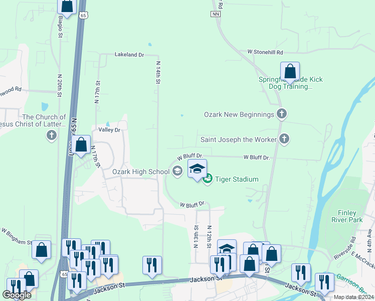 map of restaurants, bars, coffee shops, grocery stores, and more near 1300 West Millpond Drive in Ozark