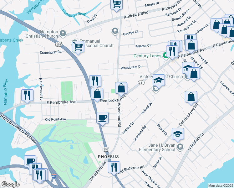map of restaurants, bars, coffee shops, grocery stores, and more near 207 Woodland Road in Hampton