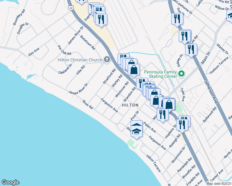 map of restaurants, bars, coffee shops, grocery stores, and more near 29 Westover Road in Newport News