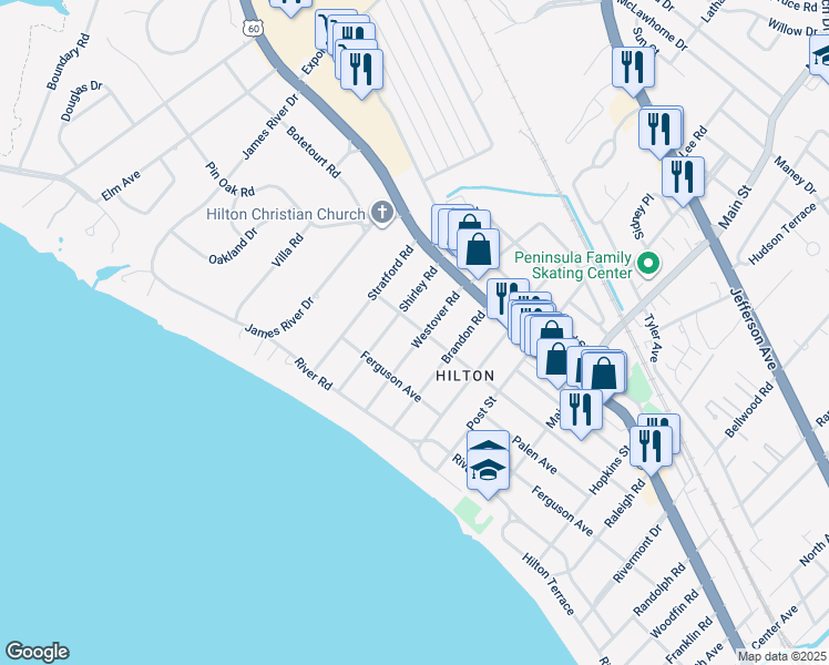 map of restaurants, bars, coffee shops, grocery stores, and more near 29 Westover Road in Newport News