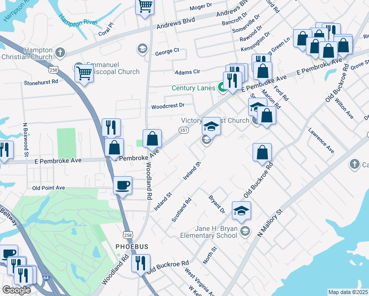 map of restaurants, bars, coffee shops, grocery stores, and more near 1 Pauline Drive in Hampton