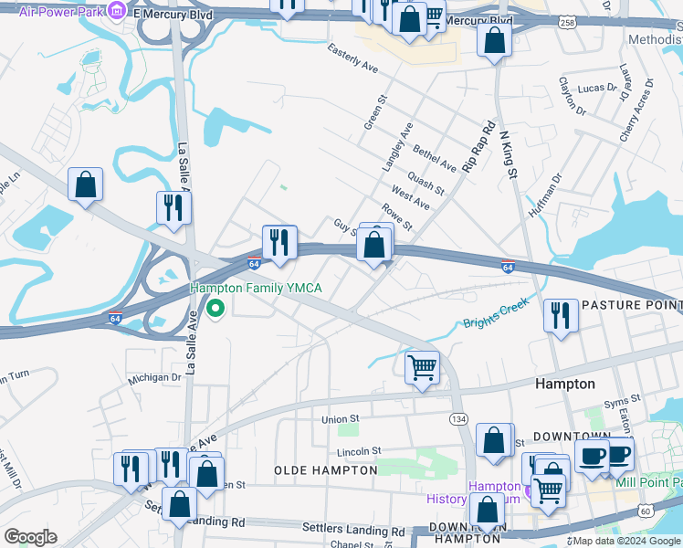 map of restaurants, bars, coffee shops, grocery stores, and more near 406 Heffelfinger Street in Hampton