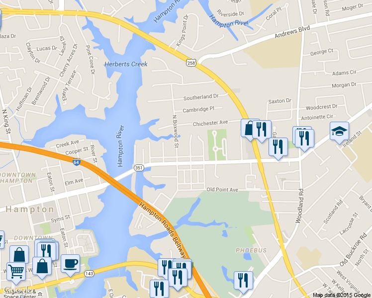 map of restaurants, bars, coffee shops, grocery stores, and more near 807 Virginia 351 in Hampton