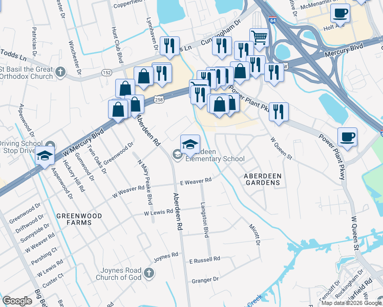 map of restaurants, bars, coffee shops, grocery stores, and more near 1424 Aberdeen Rd in Hampton