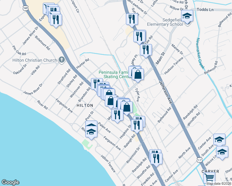 map of restaurants, bars, coffee shops, grocery stores, and more near 307 Hammond Street in Newport News