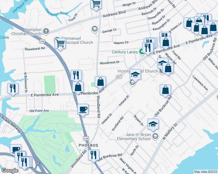 map of restaurants, bars, coffee shops, grocery stores, and more near 1424 East Pembroke Avenue in Hampton