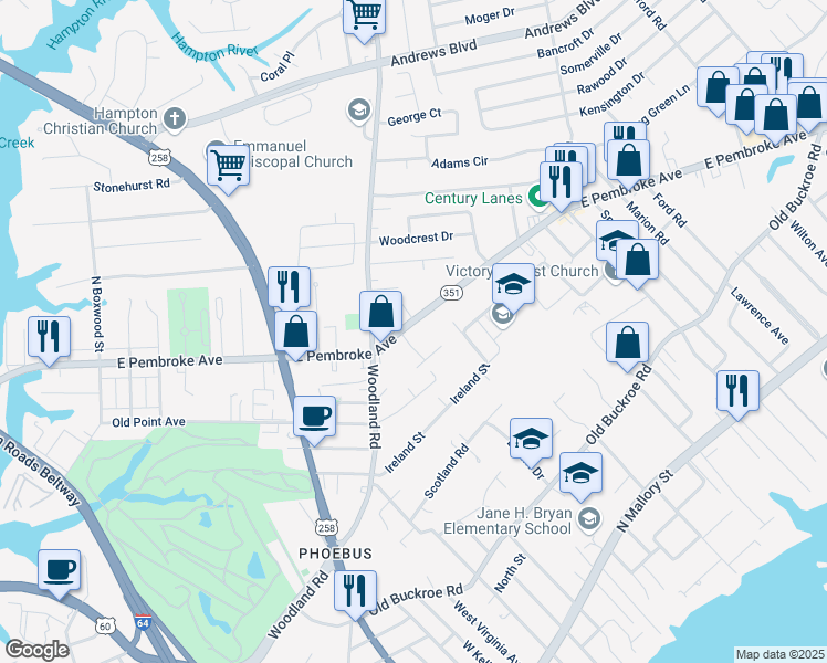 map of restaurants, bars, coffee shops, grocery stores, and more near 1424 East Pembroke Avenue in Hampton