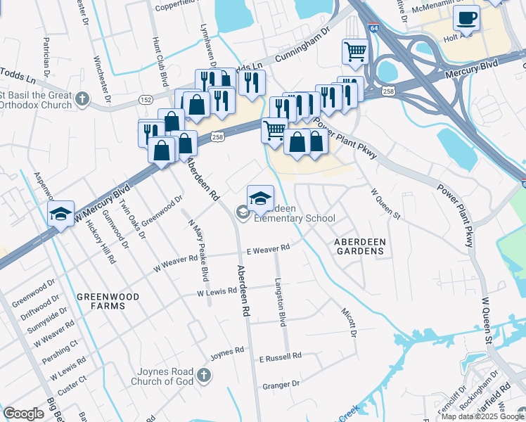 map of restaurants, bars, coffee shops, grocery stores, and more near 1424 Aberdeen Road in Hampton