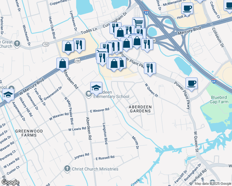 map of restaurants, bars, coffee shops, grocery stores, and more near 74 Jordan Drive in Hampton