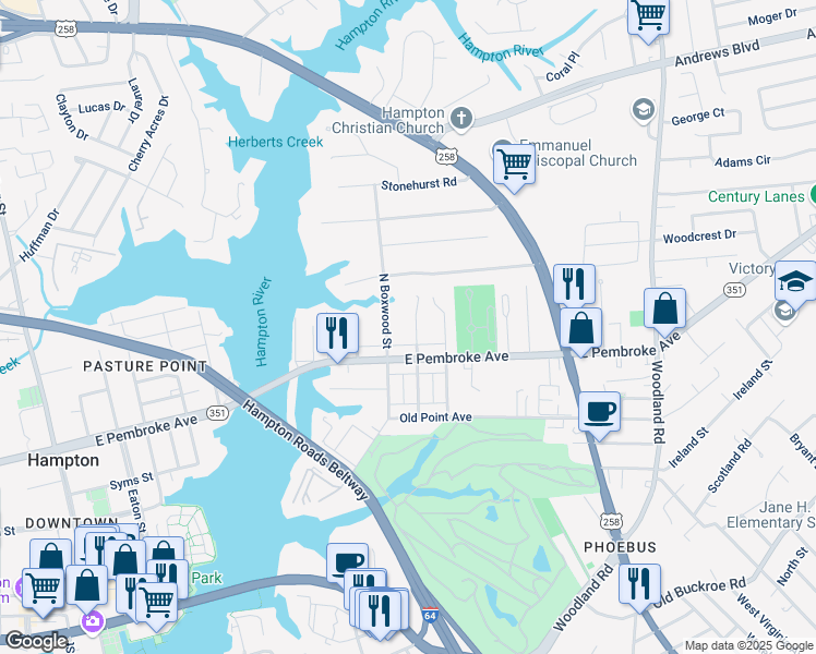 map of restaurants, bars, coffee shops, grocery stores, and more near 807 Virginia 351 in Hampton