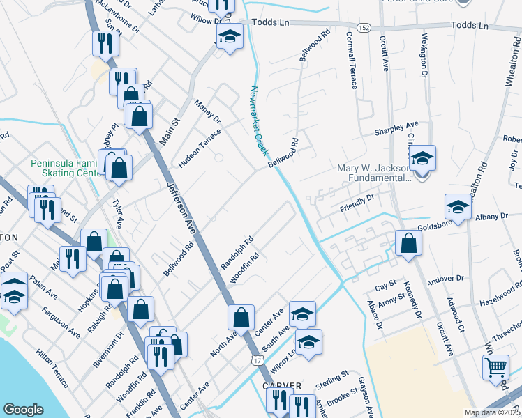 map of restaurants, bars, coffee shops, grocery stores, and more near 629 Randolph Road in Newport News