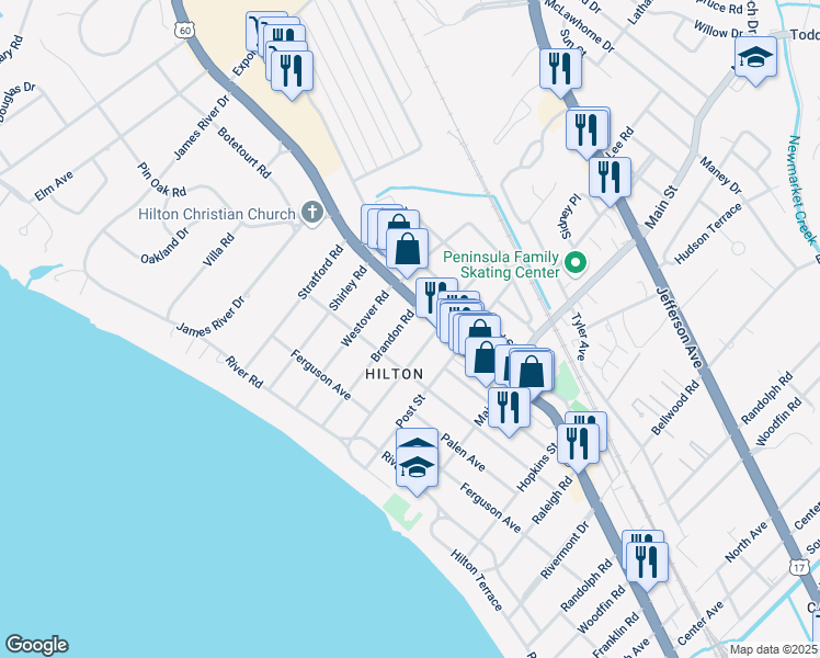 map of restaurants, bars, coffee shops, grocery stores, and more near 41 Milford Road in Newport News