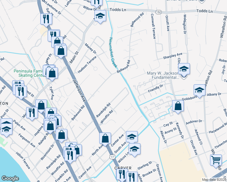 map of restaurants, bars, coffee shops, grocery stores, and more near 629 Randolph Road in Newport News