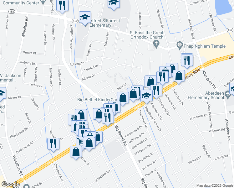 map of restaurants, bars, coffee shops, grocery stores, and more near 506 Hollomon Drive in Hampton
