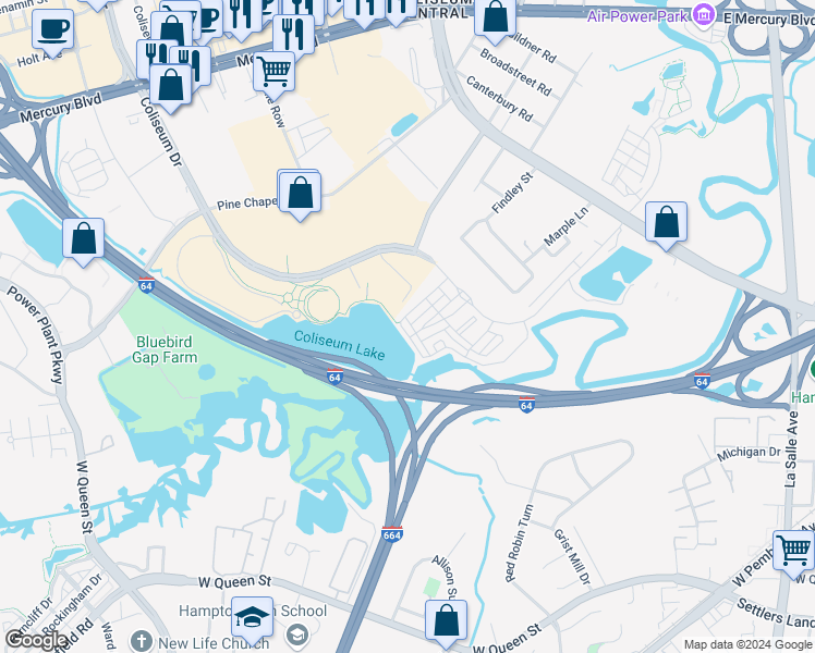 map of restaurants, bars, coffee shops, grocery stores, and more near 405 Waterside Drive in Hampton