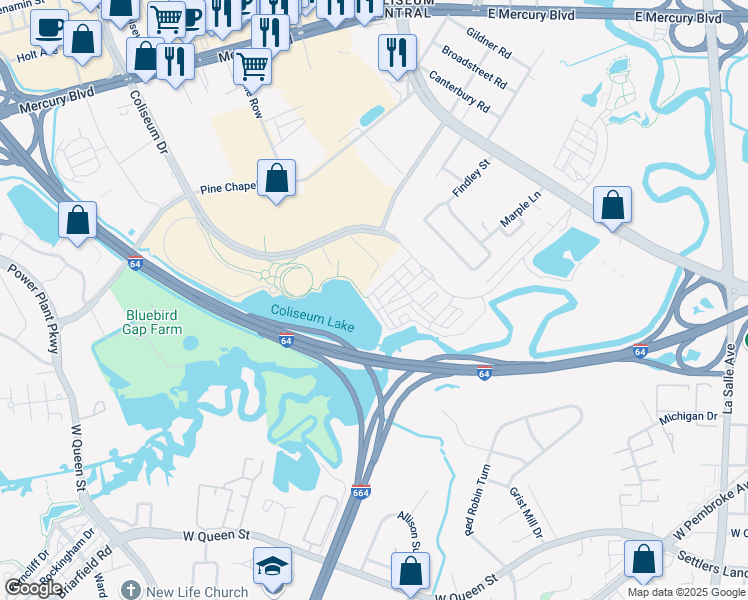 map of restaurants, bars, coffee shops, grocery stores, and more near 405 Waterside Drive in Hampton