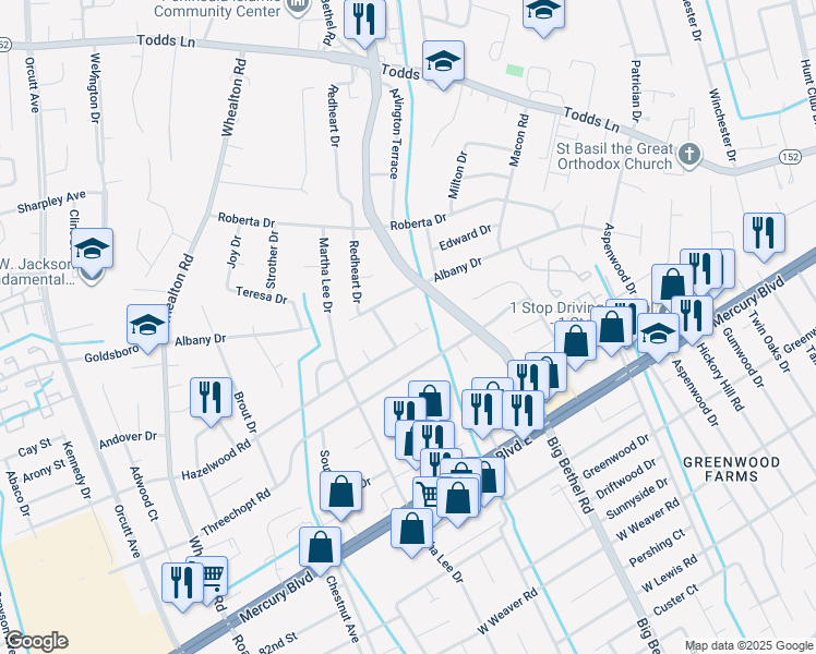map of restaurants, bars, coffee shops, grocery stores, and more near 346 Sitka Court in Hampton