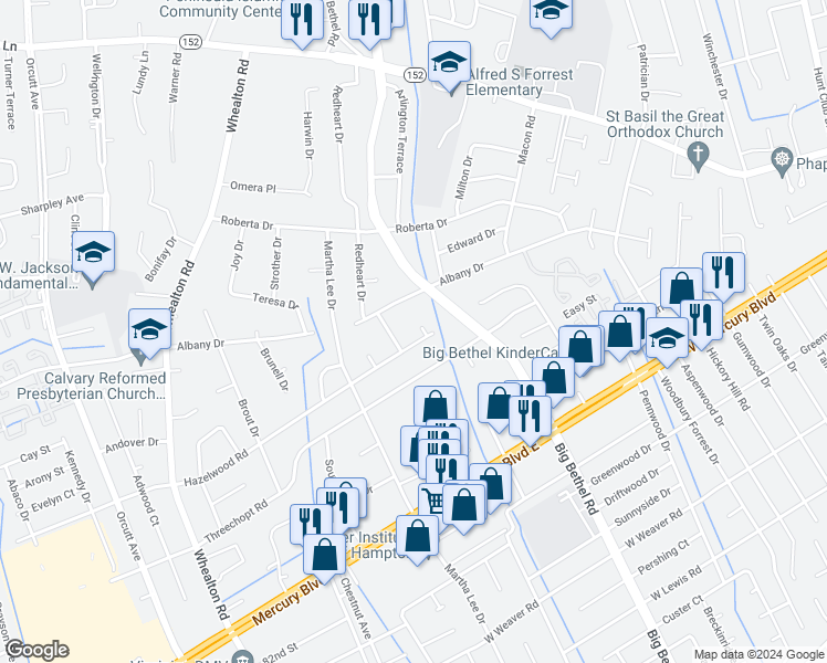 map of restaurants, bars, coffee shops, grocery stores, and more near 346 Sitka Court in Hampton