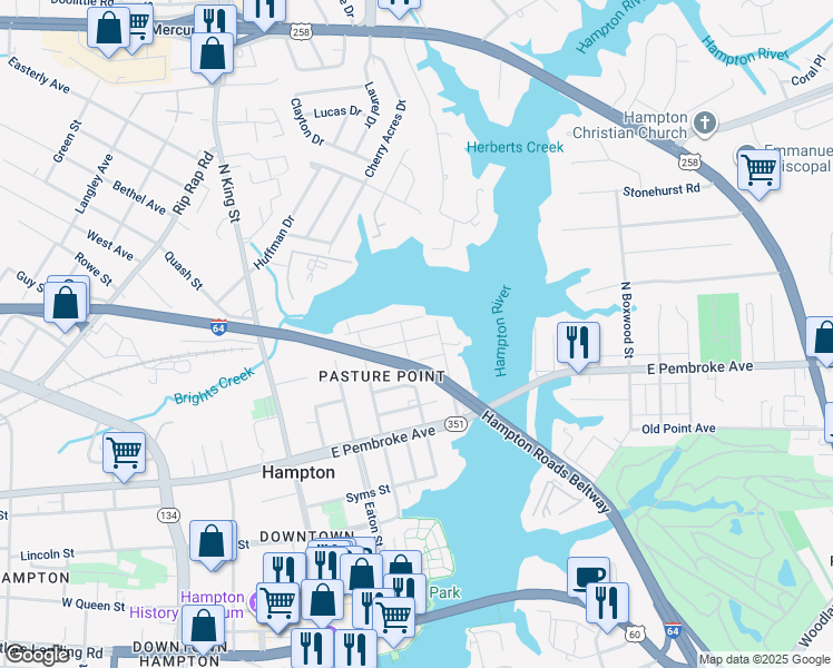 map of restaurants, bars, coffee shops, grocery stores, and more near 717 Marshall Street in Hampton