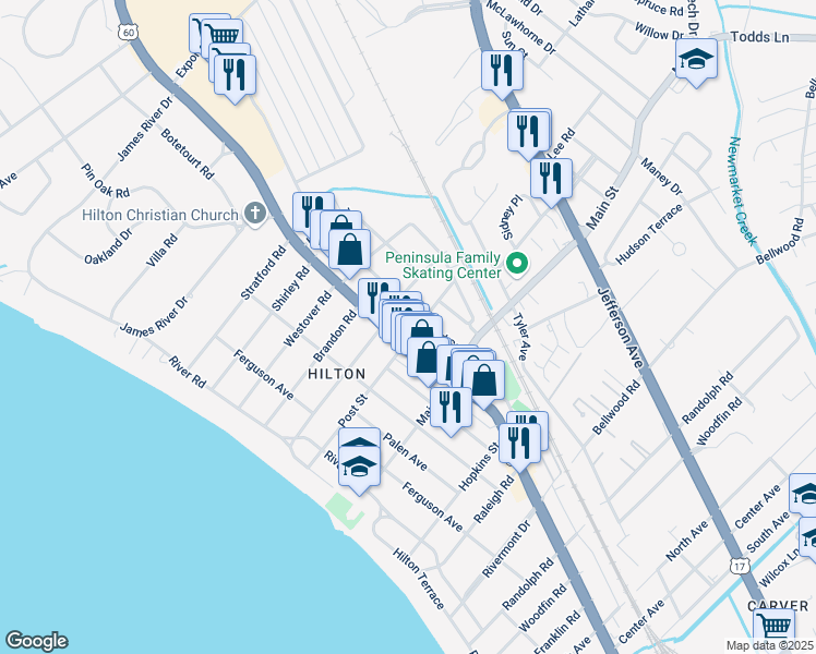 map of restaurants, bars, coffee shops, grocery stores, and more near 10401 Warwick Boulevard in Newport News
