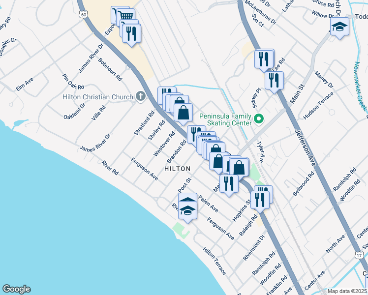 map of restaurants, bars, coffee shops, grocery stores, and more near 41 Milford Road in Newport News