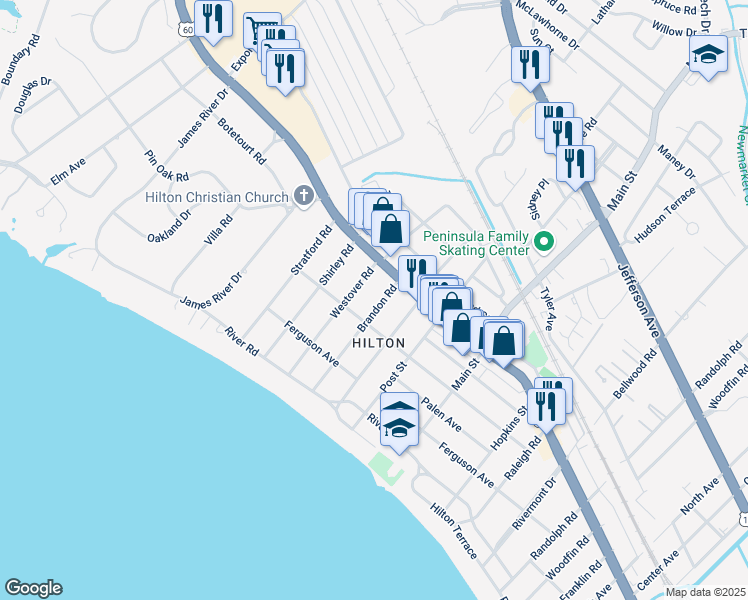 map of restaurants, bars, coffee shops, grocery stores, and more near 33 Brandon Road in Newport News