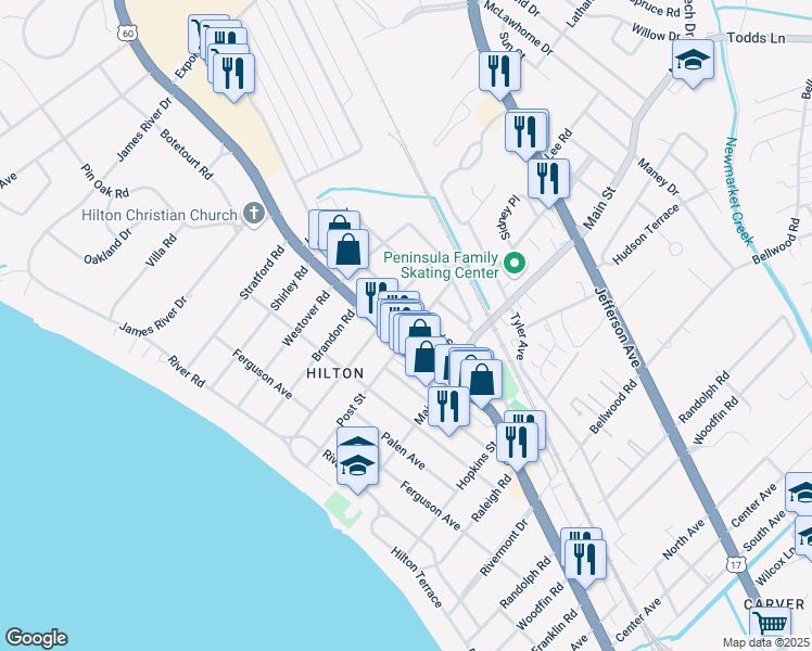 map of restaurants, bars, coffee shops, grocery stores, and more near 10401 Warwick Boulevard in Newport News
