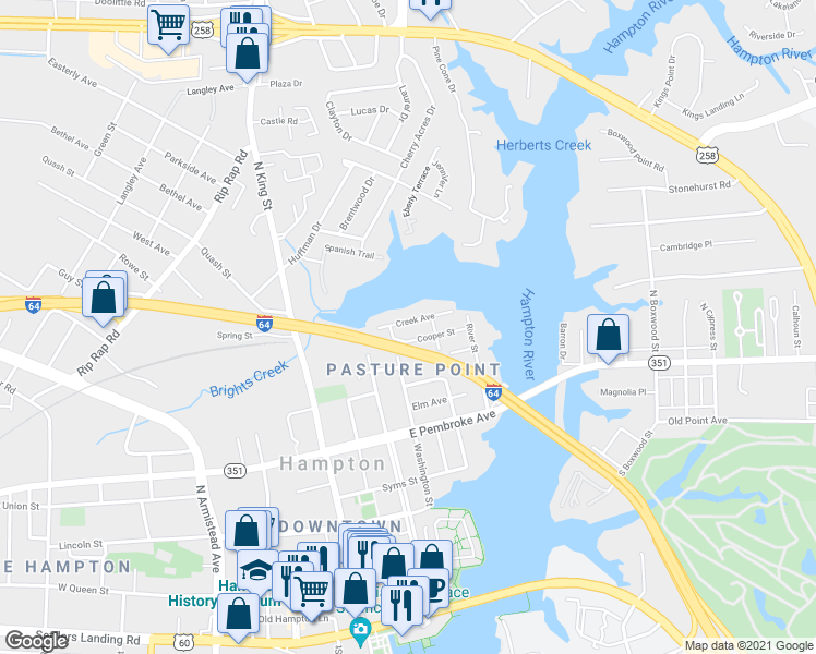 map of restaurants, bars, coffee shops, grocery stores, and more near 308 Creek Avenue in Hampton