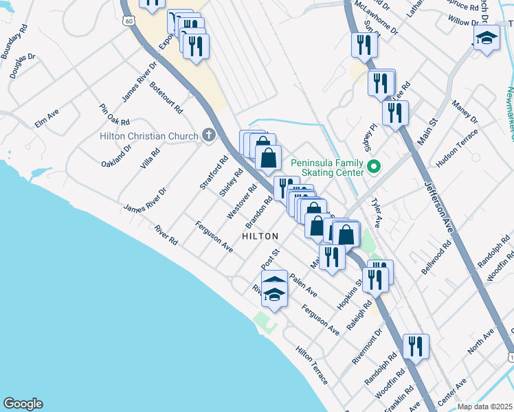 map of restaurants, bars, coffee shops, grocery stores, and more near 33 Brandon Road in Newport News