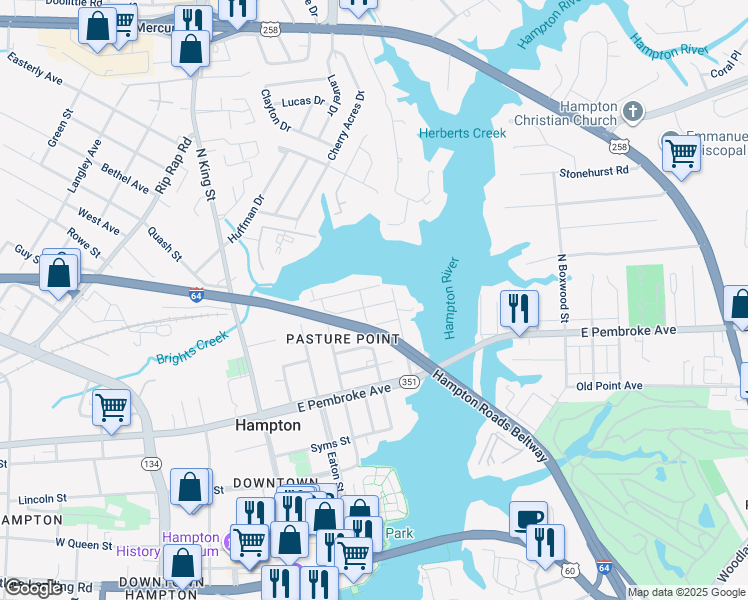 map of restaurants, bars, coffee shops, grocery stores, and more near 717 Marshall Street in Hampton