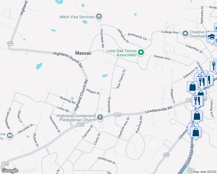 map of restaurants, bars, coffee shops, grocery stores, and more near 179 Windmill Drive in Paducah