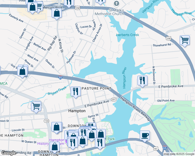 map of restaurants, bars, coffee shops, grocery stores, and more near 312 Creek Avenue in Hampton