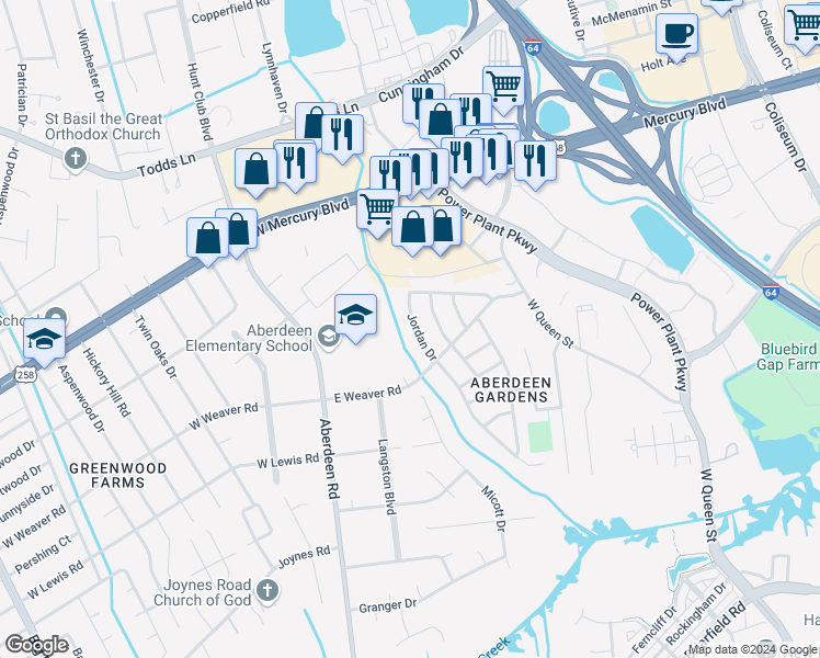 map of restaurants, bars, coffee shops, grocery stores, and more near 79 Jordan Drive in Hampton
