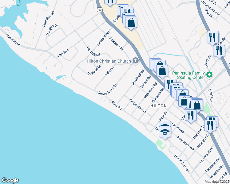 map of restaurants, bars, coffee shops, grocery stores, and more near 126 James River Drive in Newport News