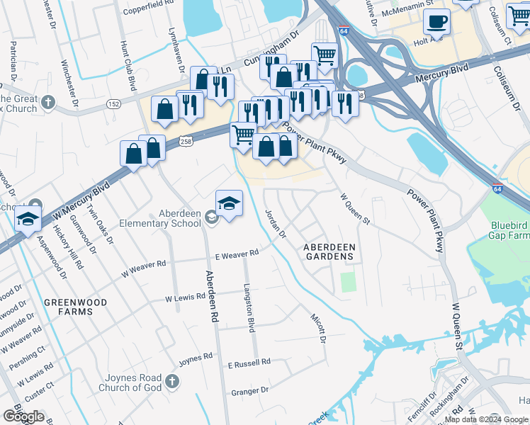 map of restaurants, bars, coffee shops, grocery stores, and more near 79 Jordan Drive in Hampton
