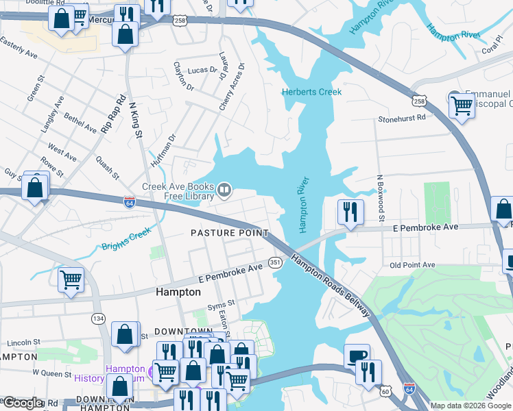 map of restaurants, bars, coffee shops, grocery stores, and more near 717 Marshall Street in Hampton