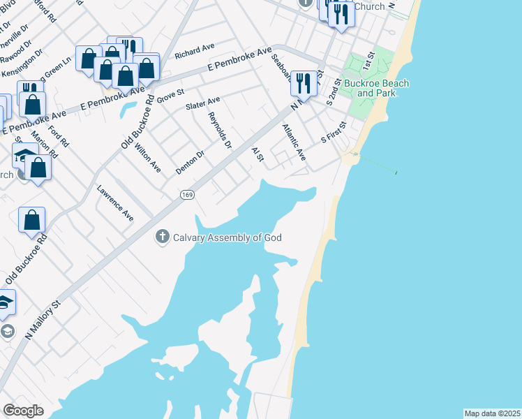 map of restaurants, bars, coffee shops, grocery stores, and more near 15 Seaview Drive in Hampton