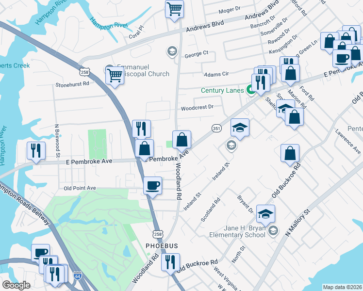 map of restaurants, bars, coffee shops, grocery stores, and more near 1404 East Pembroke Avenue in Hampton