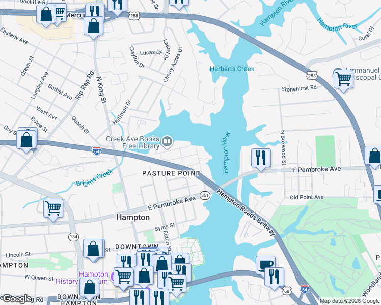 map of restaurants, bars, coffee shops, grocery stores, and more near 717 Marshall Street in Hampton