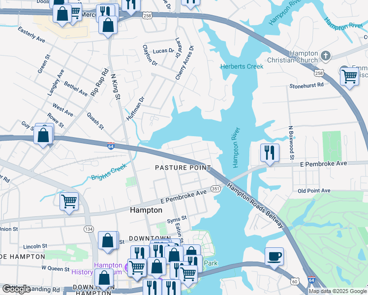 map of restaurants, bars, coffee shops, grocery stores, and more near 312 Creek Avenue in Hampton