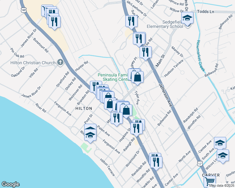 map of restaurants, bars, coffee shops, grocery stores, and more near 307 Hammond Street in Newport News