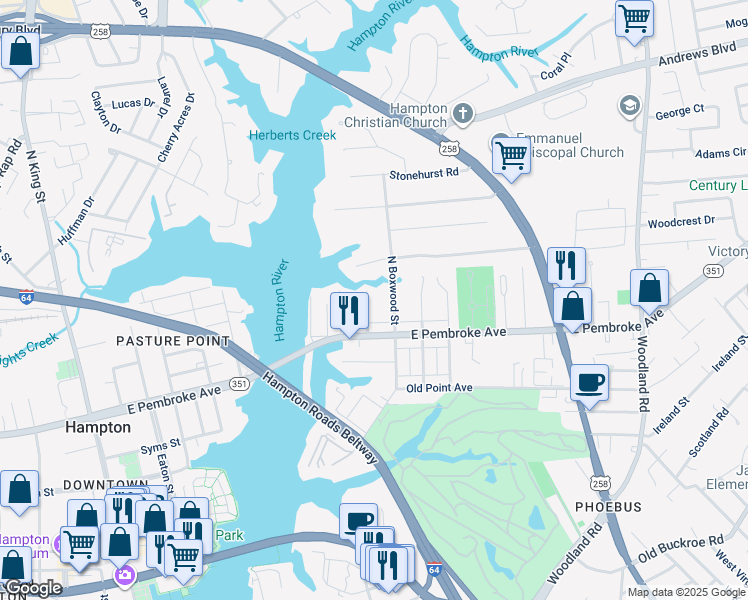 map of restaurants, bars, coffee shops, grocery stores, and more near 20 Holly Street in Hampton