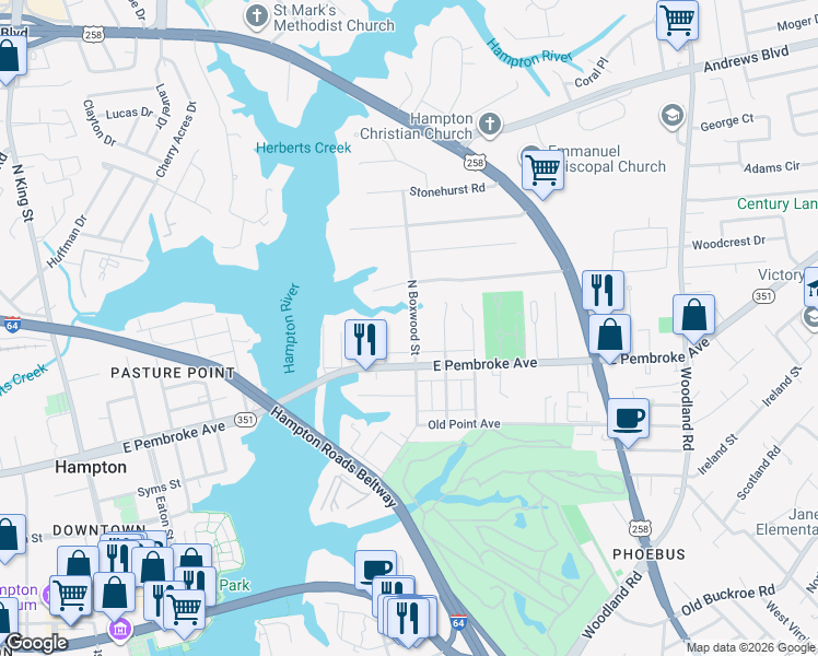 map of restaurants, bars, coffee shops, grocery stores, and more near 19 North Boxwood Street in Hampton