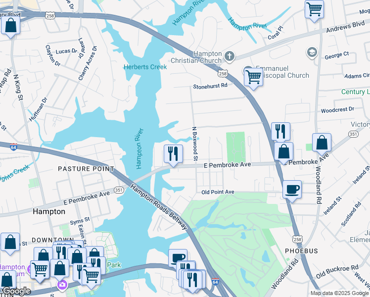 map of restaurants, bars, coffee shops, grocery stores, and more near 20 Holly Street in Hampton
