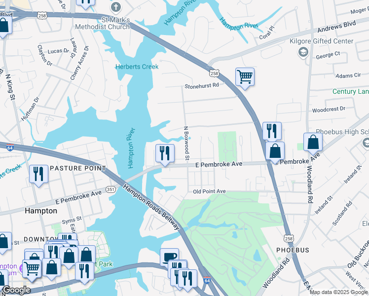 map of restaurants, bars, coffee shops, grocery stores, and more near 19 North Boxwood Street in Hampton