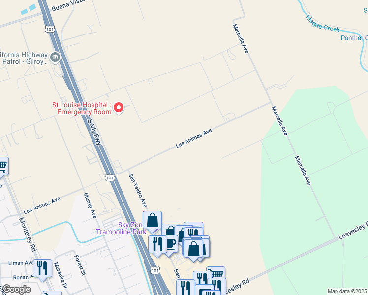 map of restaurants, bars, coffee shops, grocery stores, and more near 820 Las Animas Avenue in Gilroy
