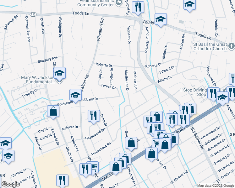 map of restaurants, bars, coffee shops, grocery stores, and more near 37 Albany Drive in Hampton