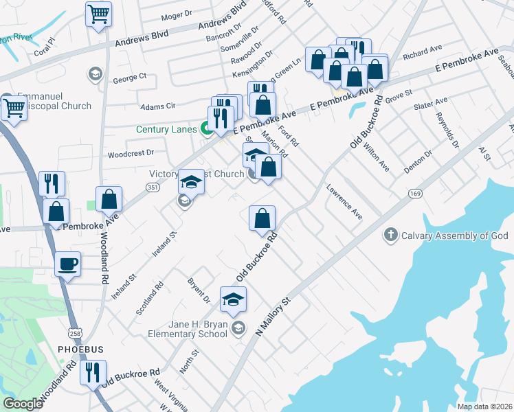 map of restaurants, bars, coffee shops, grocery stores, and more near 1527 Edson Terrace in Hampton