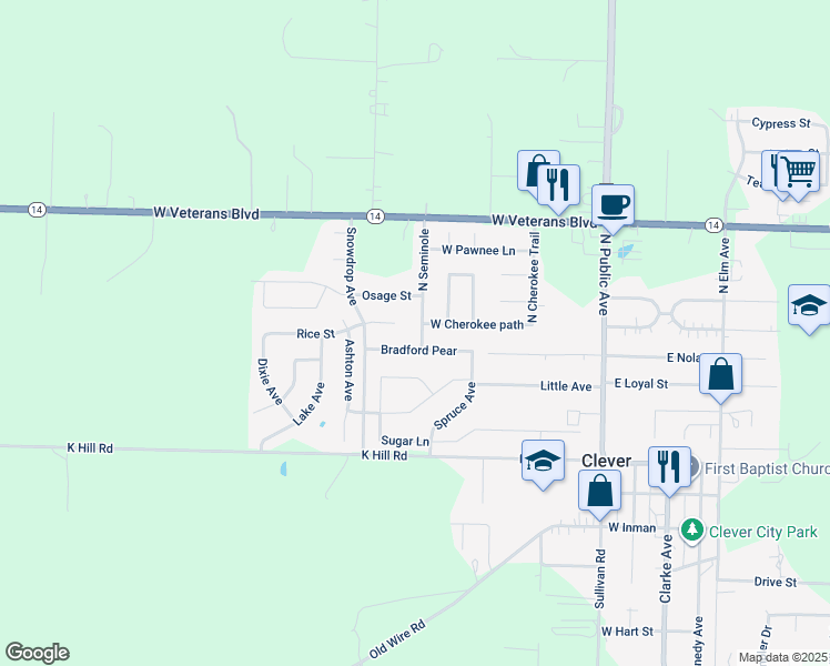 map of restaurants, bars, coffee shops, grocery stores, and more near 301 Seminole in Clever